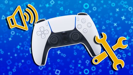 PS5 controller update DualSense speaker: A white PS5 controller against a blue PlayStation-themed background. In the top left corner is a yellow speaker icon, while in the bottom right is a yellow spanner icon.