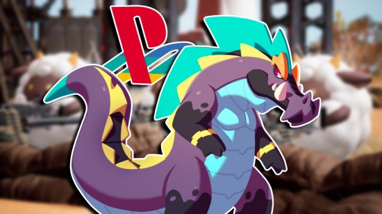 PS5 Palworld Temtem sale: A dinosaur-like creature standing to the side, set against a blurred image of sheep using machine guns from Palworld. A colorful PlayStation logo is tucked behind the creature.