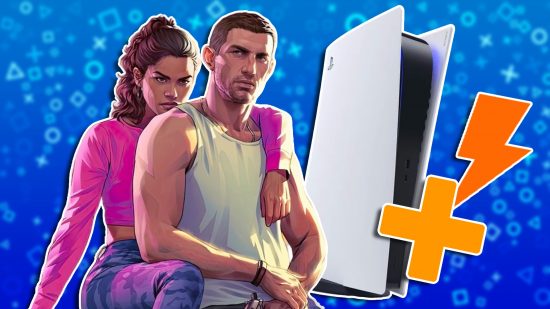 PS5 Pro release date 2024: A masculine and feminine character from GTA 6 posing together next to a PS5 console. Overlaid on the console is a yellow plus symbol and an orange lightning bolt icon.