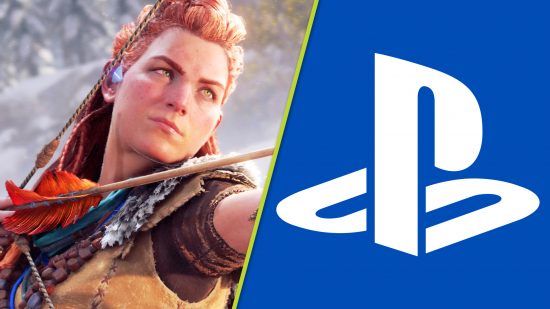 PlayStation layoffs: a woman with red hair readying a bow and arrow, next to the PlayStation logo