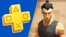 Sifu PS Plus March 2024: a young man with dark hair wearing a vest next to the PS Plus logo
