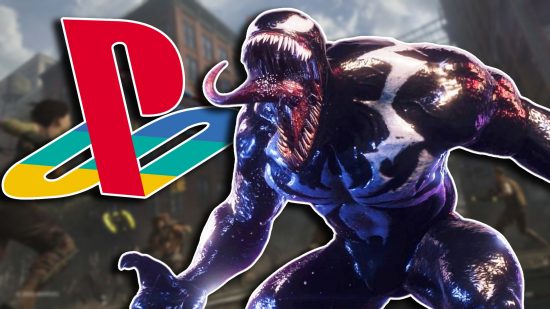 Spider-Man 2 PS5 Venom creator to creator interview: Venom roaring with his tongue out and arms outstretched, with a PlayStation logo to the left.