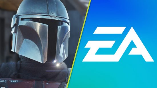 Star Wars Mandalorian game canceled: The Mandalorian in his beskar armor next to the EA logo