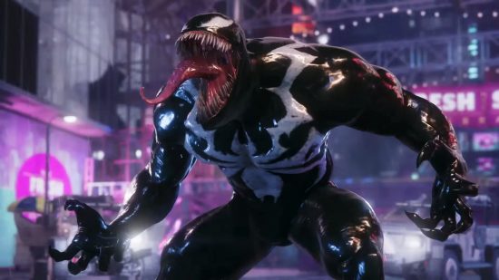 PlayStation State of Play: Venom from Spider-Man 2 roars with a mouth full of teeth and a long extended tongue