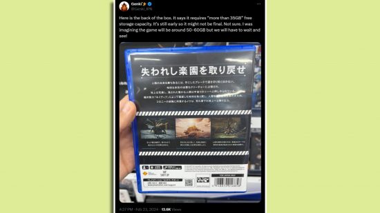Stellar Blade file size PS5: A screenshot of a Twitter post showing a person holding a Stellar Blade box.