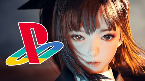 Stellar Blade length: Eve, a brunette girl with brown eyes next to the PlayStation logo
