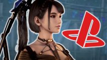 Stellar Blade combat: Eve from stellar blade wearing a brown, futuristic-looking top. A red PlayStation logo is next to her