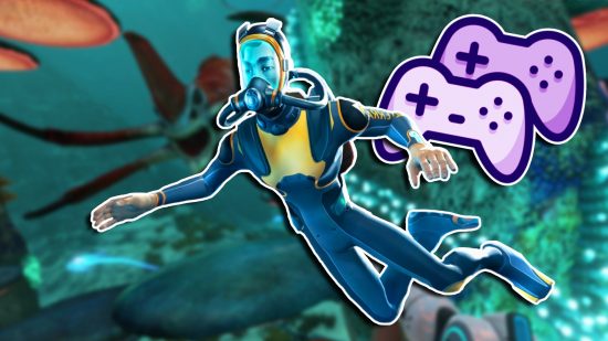 Subnautica 2 multiplayer reveal: A diver posing as if he's floating against a backdrop of blurred gameplay. Two purple controllers are shown to the right, suggesting co-op features.