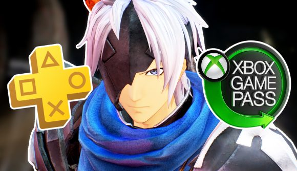 Tales of Arise PS Plus Xbox Game Pass: a silvery-pink-haired man with a black mask covering half of his face, wearing a blue scarf