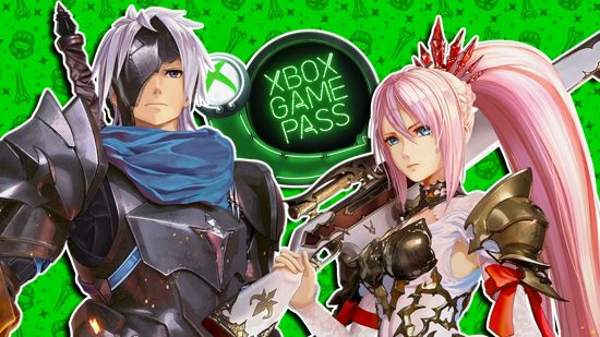 Tales of Arise Xbox Game Pass: The main masculine and feminine characters from Tales of Arise posing with their weapons, set against a blurred Xbox-themed background. Between them is an Xbox Game Pass logo styled like a neon sign.