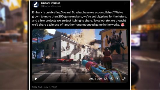 The Finals vehicles: A screenshot of a Twitter post by Embark Studios with a paused video below showing vehicle gameplay.