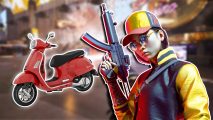 The Finals vehicles: A feminine character wearing a cap and holding a weapon up. To the left is a red Vespa scooter.
