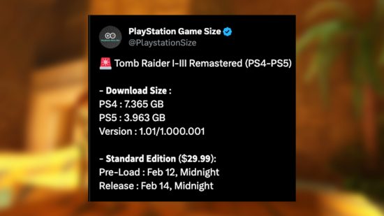 An image of the Tomb Raider 1-3 Remastered file size on PS5.