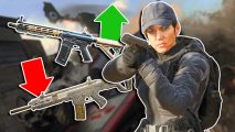 Warzone Season 2 patch notes MW2 weapons buffed: Laswell wearing a black outfit holding a pistol at the ready. To her left are two assault rifles, one with a green upwards arrow and a red downwards arrow.