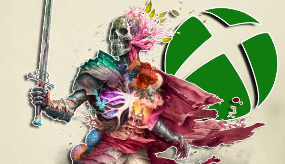 Xbox Avowed background wallpaper: A colorful skeleton with fungus growing between its bones while holding a sword in the air. To the right is a large Xbox logo.