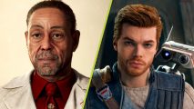 Xbox Bundles sale: A man with a stern expression wearing a cream suit and red shirt, and another man with ginger hair and a small robot perched on his shoulder