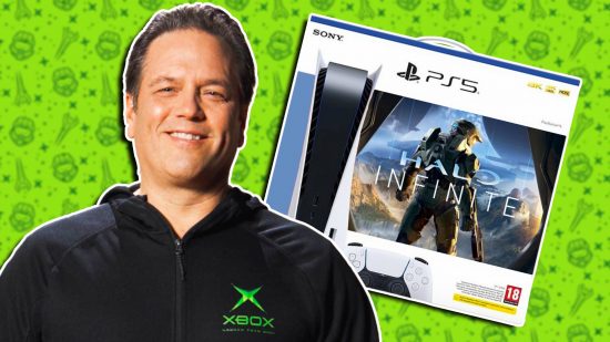Xbox exclusives on PS5 Phil Spencer: Head of Xbox Phil Spencer smiling at the camera wearing an Xbox jacket. To the right is an edited image of a Halo PS5 console bundle.