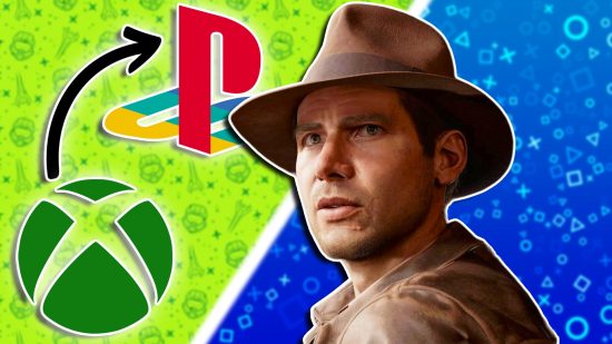 Xbox exclusives on PS5 reports: Indiana Jones looking over his left shoulder against an Xbox and PlayStation-themed background. On the left is an Xbox logo with an arrow pointing towards a PlayStation logo.