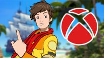 Xbox exclusives to PS5: A cartoon man wearing a yellow jacket and red scarf points a finger in the air. A red xbox logo is next to him. A tropical island and ship is in the background