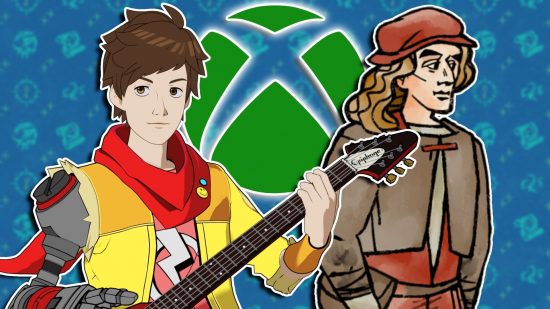 Xbox exclusives on PS5: A young man wearing a yellow and red jacket plays an electric guitar, while another in old-fashioned brown clothes and a red cap looks off into the distance.