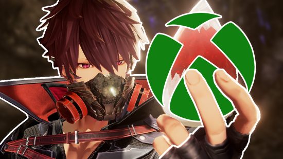 Xbox free play days Code Vein: a masked man with brown hair and a red cloak holding the Xbox logo