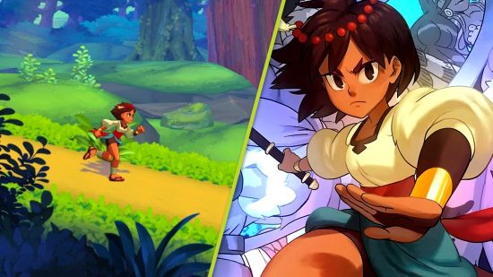 Xbox Game Pass Indivisible: A diagonally split image with gameplay on the left showing the character running and the right side showing a closer view of the feminine character, Anja.