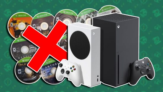 Xbox next-gen disc drive: An Xbox Series X and S console on the right side with a collection of discs to the left, partly covered with a red cross icon.