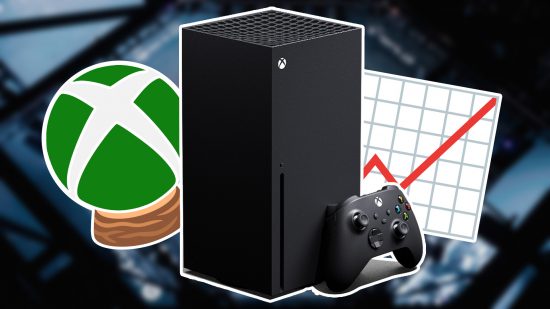 Xbox next-gen generational leap: A black Xbox console next to an Xbox logo crystal ball and an upward trending chart emoji