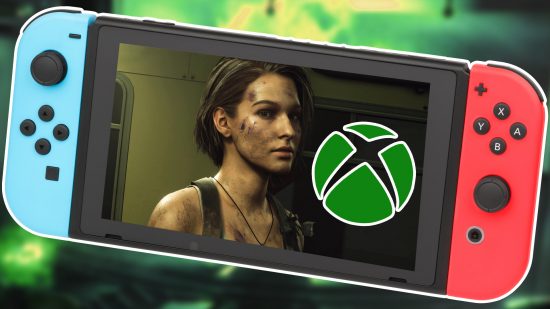 Xbox next-gen Nintendo Switch: Jill Valentine, a woman with brown hair and eyes wearing a tank top, being played on a Nintendo Switch