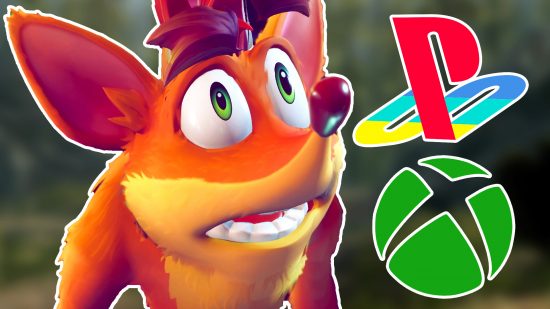 Xbox Toys for Bob layoffs: a bright orange bandicoot next to the PlayStation and Xbox logos