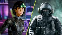XDefiant Season 1 Rainbow Six Siege: A female Xdefiant character wearing a black stealth suit and glowing green night vision goggles, next to a Blitz from Rainbow Siz Siege wearing an all-black military uniform