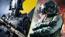 XDefiant Season 1 Rainbow Six Siege: On the left is a soldier wearing a mask from XDefiant while on the right is Yager from Siege posing with his arms crossed.