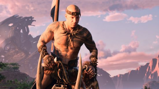 Ark 2 Xbox: Vin Diesel's character from Ark 2 riding a mount wearing tribal necklaces, wristbands, and tattoos