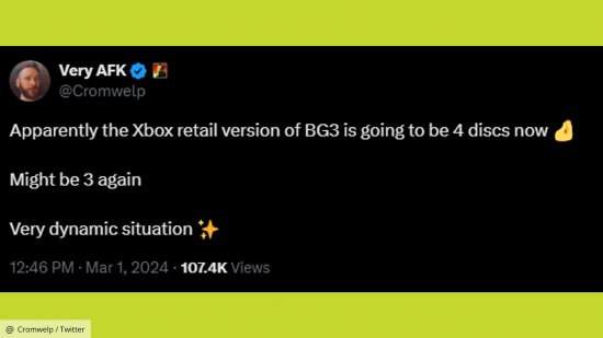 Baldur's Gate 3 Xbox discs: Michael Douse's tweet