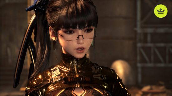 Best PS5 games: the brunette-haired Eve wearing a gold outfit in Stellar Blade