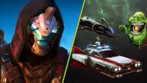Destiny 2 Ghostbusters collaboration: A split image with Cayde 6 on the left and the new Ghostbusters event items on the right side, featuring a sparrow, ship, and Ghost shell.