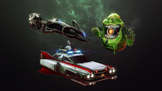 Destiny 2 Ghostbusters collaboration: The new Ghostbusters items in Destiny 2, showcasing the sparrow, ship, and Ghost shell.