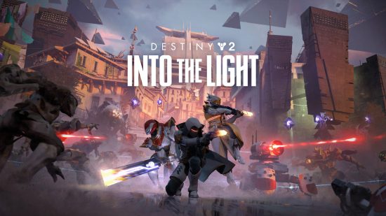 Destiny 2 Into the Light: Artwork showcasing the Into the Light update, with three Guardians fighting Hive in the Last City with pyramid ships overhead.