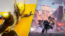 Destiny 2 Into the Light reveal: A split image with a Warlock posing with their arms outstretched on the left side, and a group of Guardians fighting Hive in the Last City on the right side.