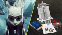 Destiny 2 The Final Shape emblem codes Collector's Edition: A diagonally split image with a close-up of the Witness on the left and an image of The Final Shape Collector's Edition on the right, featuring various books and papers, and a large silver statue of the Tower.