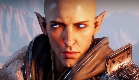 Dragon Age Dreadwolf release window 2024: Solas the bald elf with magical blue eyes
