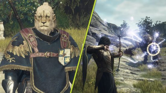 Dragon's Dogma 2 best armor: A split image with a Beastren character on the left wearing the Marchers gear set, while on the right is an archer firing magical arrows at a charging enemy.