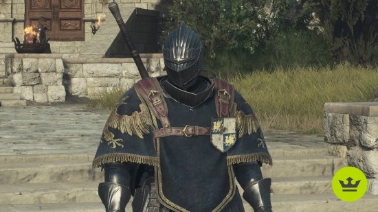 Dragon's Dogma 2 best armor: A close-up of a character wearing the Marcher's armor set, including the helmet, in the courtyard of the castle.
