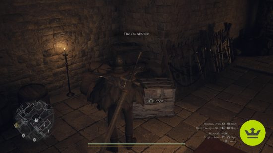 Dragon's Dogma 2 best armor: A player looking at a chest in the corner of a dark room.