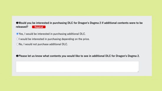 Dragons Dogma 2 DLC: An image of the Capcom Dragon's Dogma 2 survey.