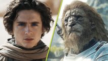 Dragon's Dogma 2 Dune 2 Timothee Chalamet: Timothee Chalamet in a shawl next to a lion-like Beastren in armor