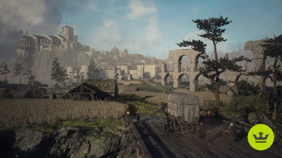 Dragon's Dogma 2 pawns: A scenic screenshot of a cart traveling through a field, with large archway ruins to the right and a city straight ahead.