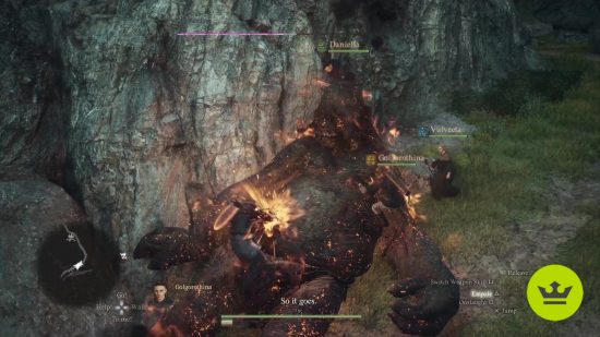 Dragon's Dogma 2 pawns: A group of characters holding onto a toppled cyclops to attack it while it's on fire.