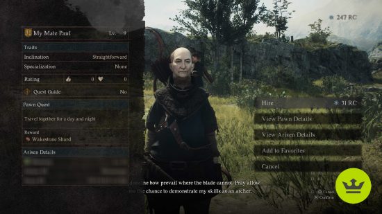 Dragon's Dogma 2 pawns: A player-made pawn called 'My Mate Paul' at the center of the screen, with menu text either side.