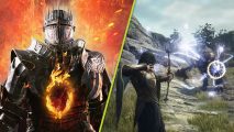 Dragon's Dogma 2 Trophies: A split image with a knight surrounded by fire on the left, with a ring of fire covering their chest, and an archer firing magic arrows at an enemy on the right side.